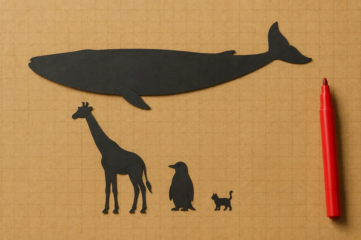 Black paper cut-outs of a blue whale, giraffe, emperor penguin and tiny house cat shown at one scale on a kraft table beside a red marker