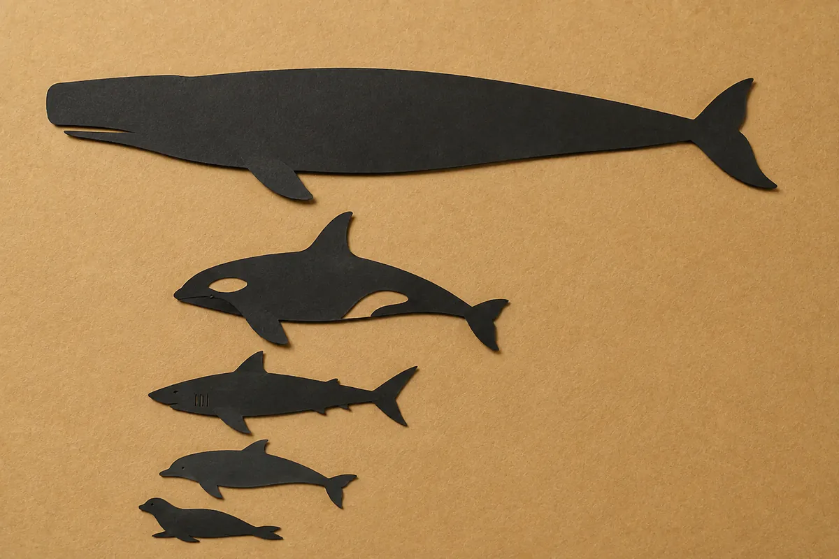 Black paper cut-outs of a blue whale, orca, great white shark, bottlenose dolphin and harbor seal shown at one scale
