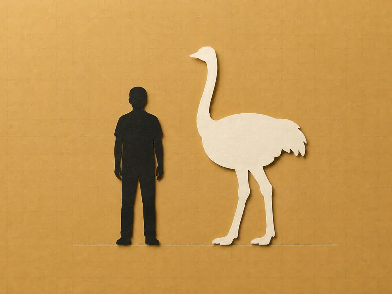 A cream-white ostrich paper cut-out standing clearly taller than a black adult human cut-out on the same baseline