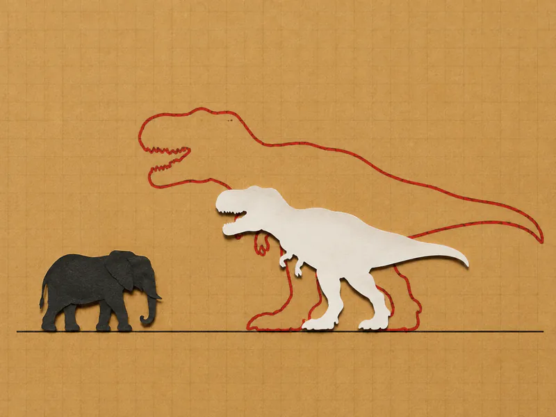 A black elephant reference beside a white Tyrannosaurus rex guess with the larger true T. rex size drawn around it in red
