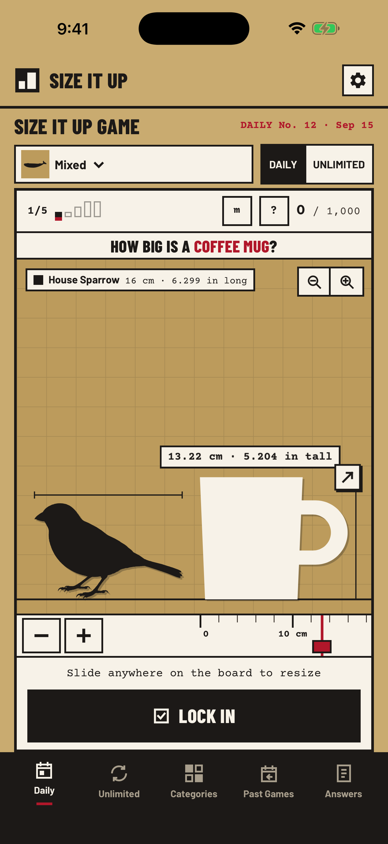 Sizivo on iPhone: resize a coffee mug beside a house sparrow, then lock in your guess.