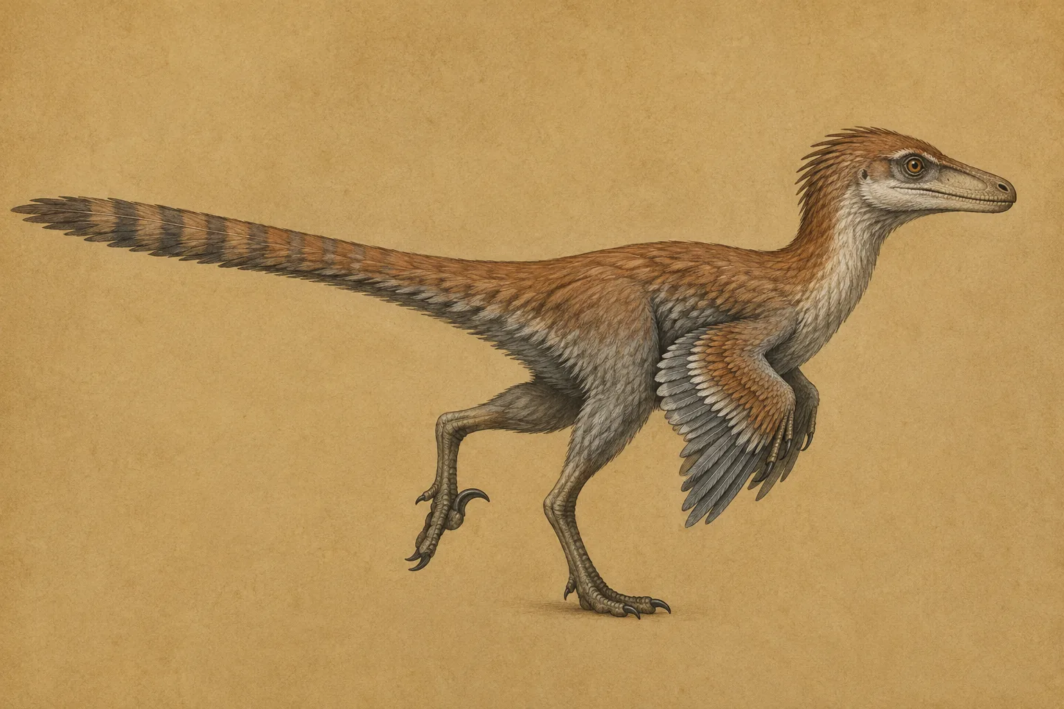 A slender feathered Velociraptor in side view, showing its long tail, feathered arms and raised curved toe claw.