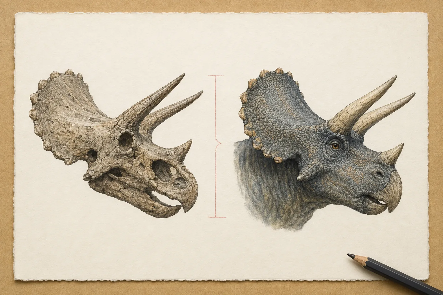 A Triceratops skull fossil and a matching life reconstruction of the head shown as two studies on a pale field-note sheet.