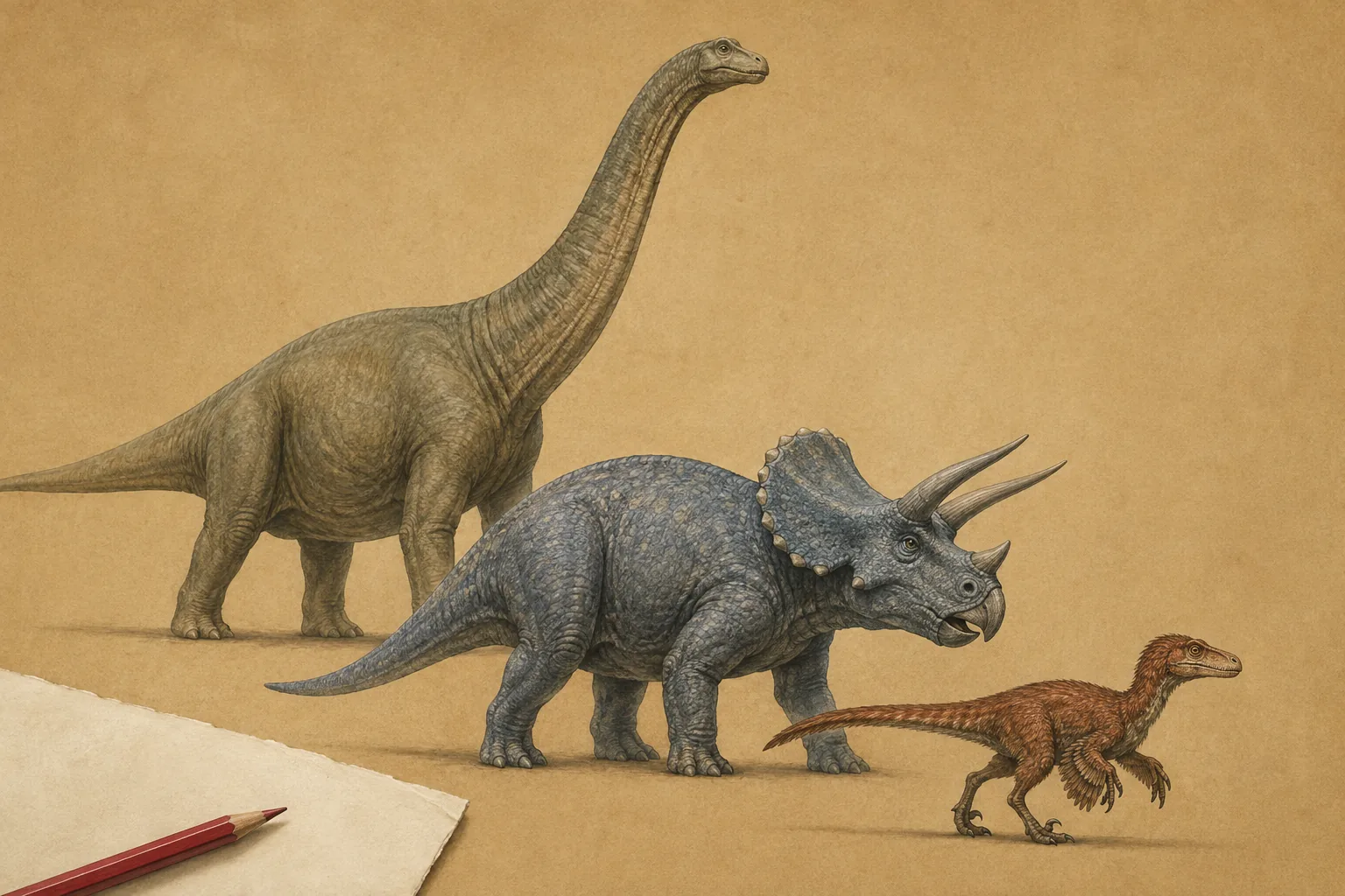 A long-necked sauropod, a horned Triceratops and a small feathered dinosaur illustrated on a kraft-paper field guide.