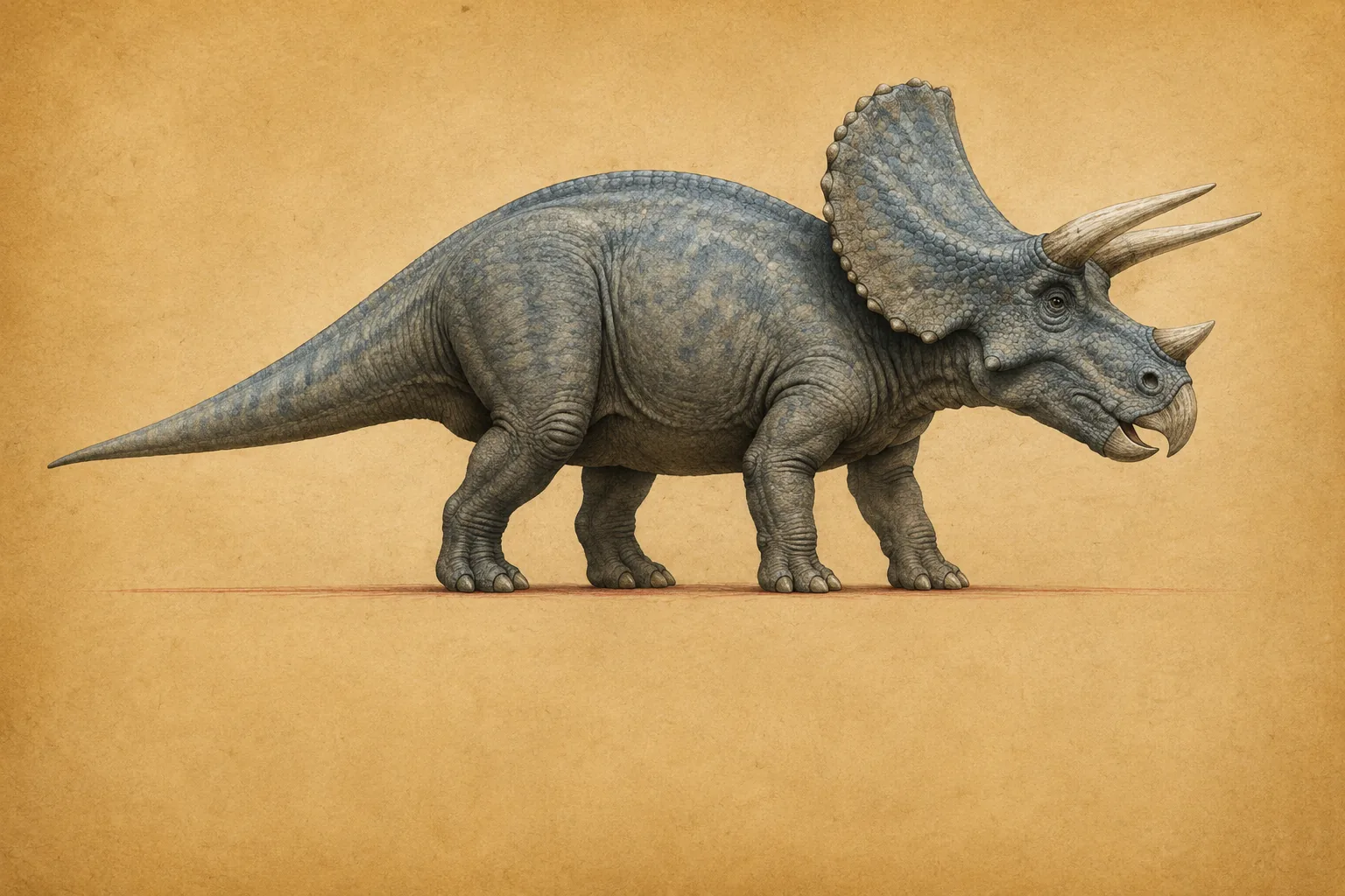 A complete side-view Triceratops with a clear snout, forward-projecting brow horns and an extended tail on warm paper.
