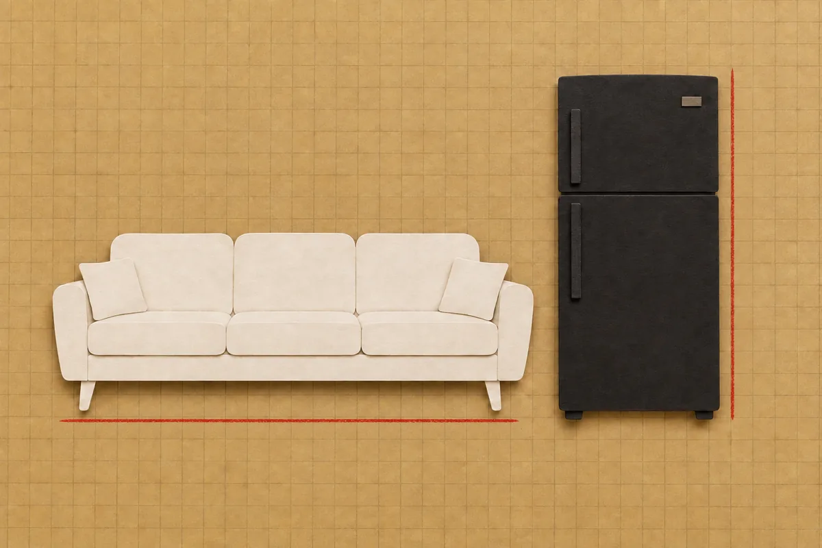 A cream sofa with a horizontal red line and a black refrigerator with a vertical red line.