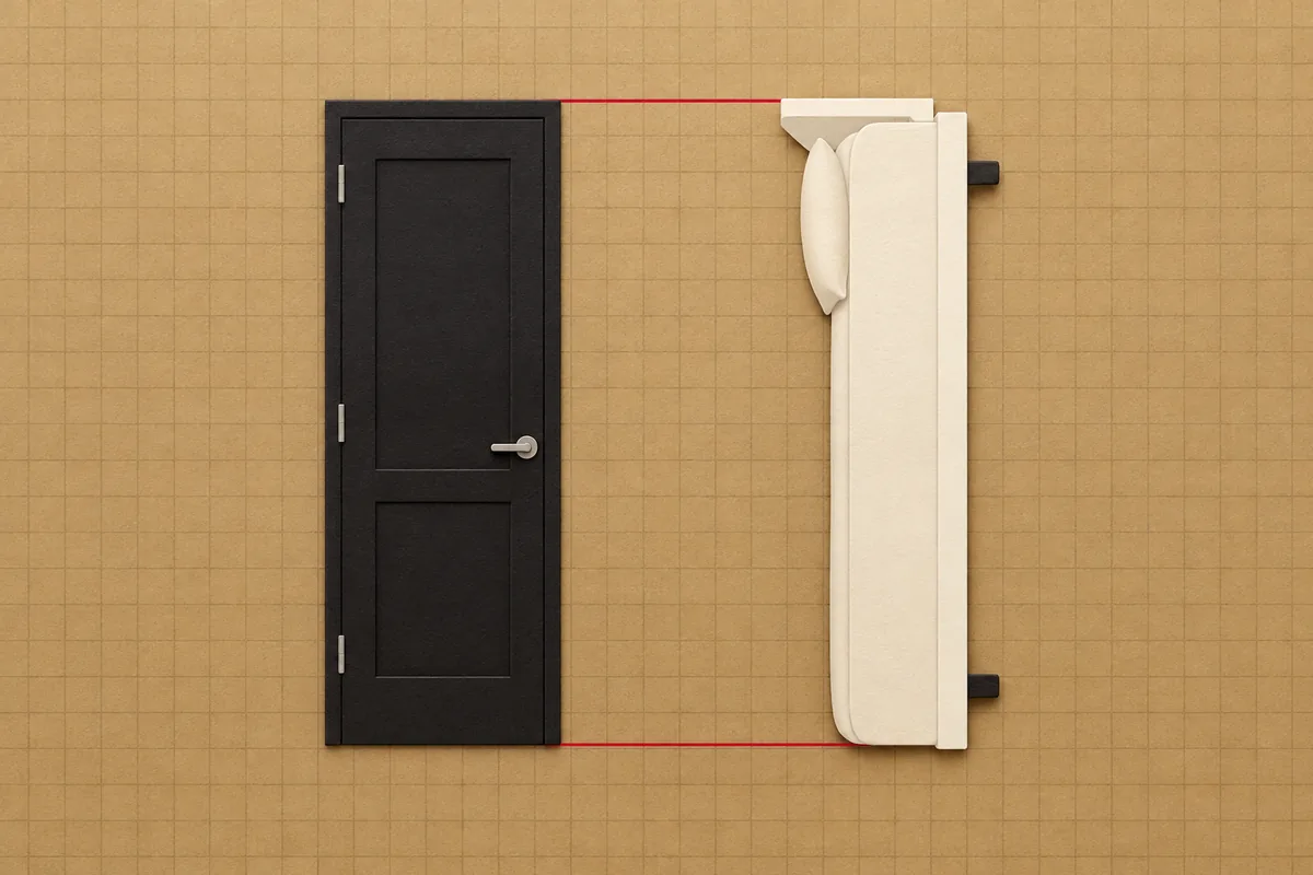 A black door and cream bed turned upright, with matching top and bottom levels and a red line joining their tops.