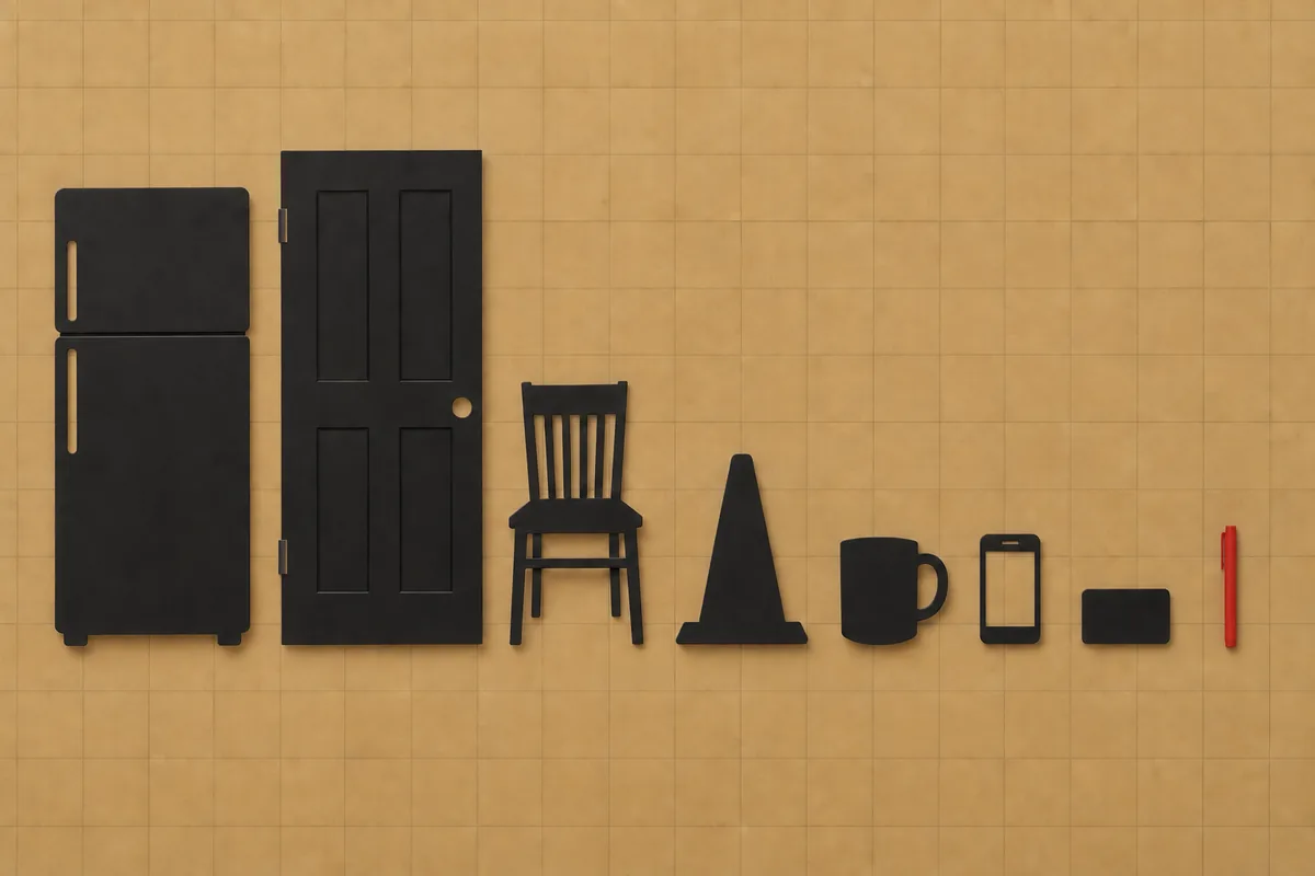 Black paper cut-outs of a refrigerator, door, chair, traffic cone, mug, phone and plain card on kraft paper.