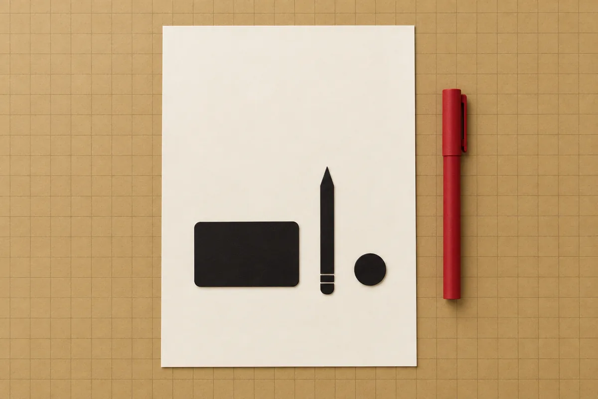 Plain cream A4 paper with black cut-outs of a credit card, pencil and coin, beside a red marker.