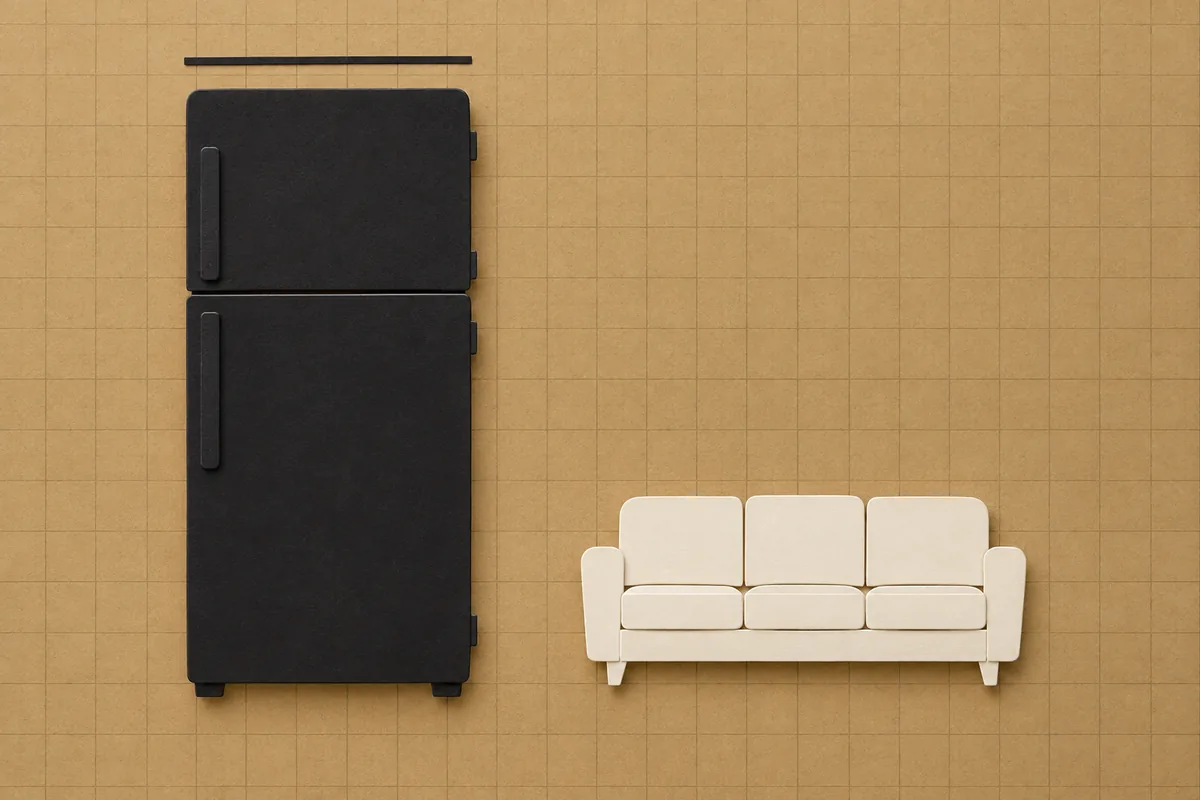 A black refrigerator beside an intentionally undersized cream sofa, with an unmarked reference line.