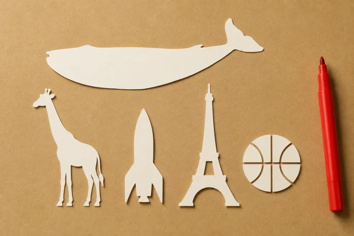 Five paper cut-outs from one week of the Size It Up daily game — blue whale, giraffe, rocket, Eiffel Tower and basketball — on a kraft table with a red pen
