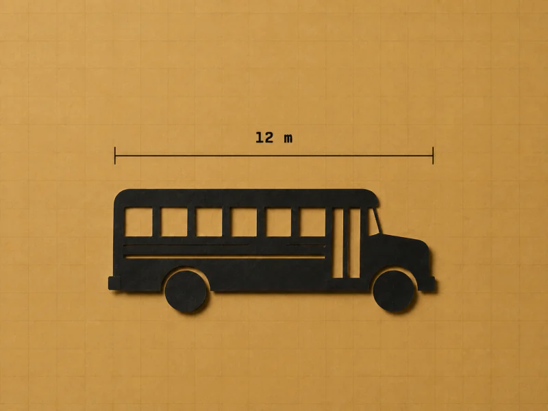 Step one, compare: the black school bus reference silhouette with a ruler above it reading 12 m