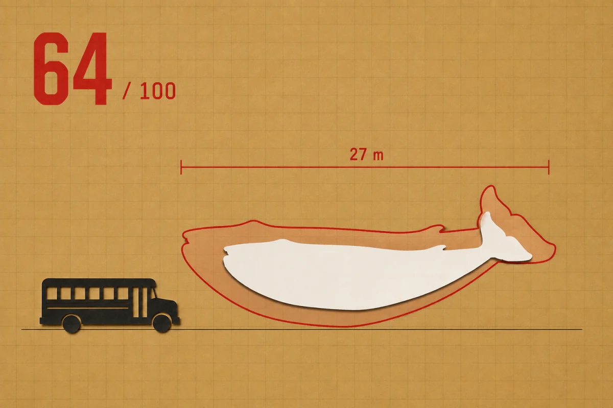 The Size It Up reveal: school bus reference, white whale guess, the red true outline at 27 m, and a round score of 64 out of 100
