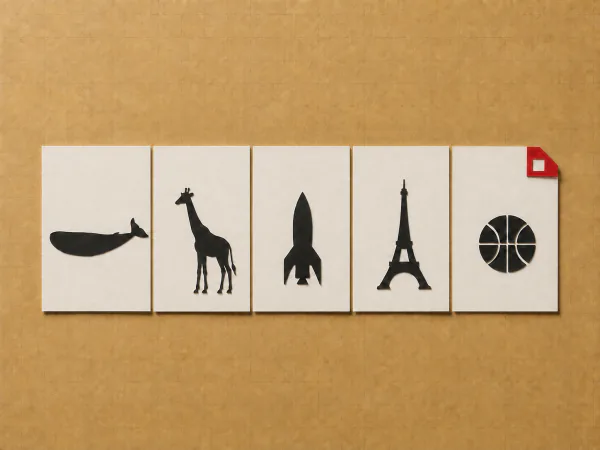 Five puzzle cards side by side with a red calendar corner — the same five silhouettes for everyone each day