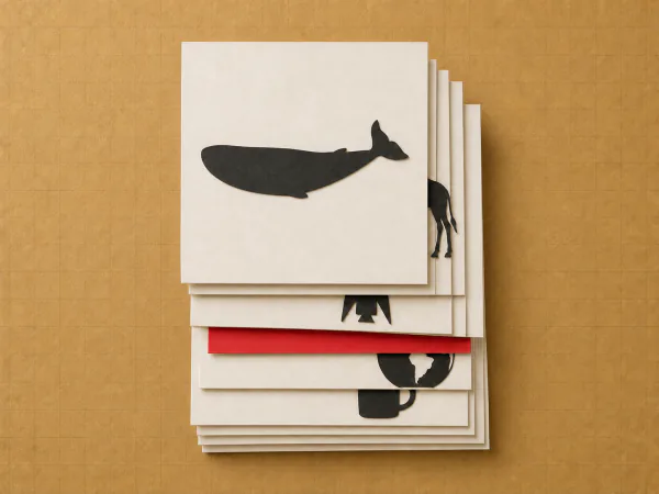 A thick stack of silhouette cards of animals, vehicles and landmarks — Size It Up Unlimited draws from the whole library