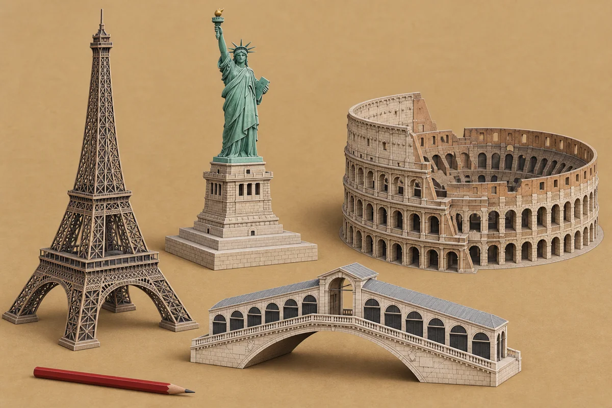 Architectural models of the Eiffel Tower, Statue of Liberty, a stone bridge and the Colosseum on kraft paper.