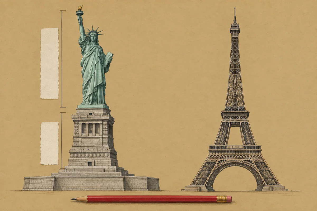 Statue of Liberty with its pedestal beside the Eiffel Tower and its projecting antenna.