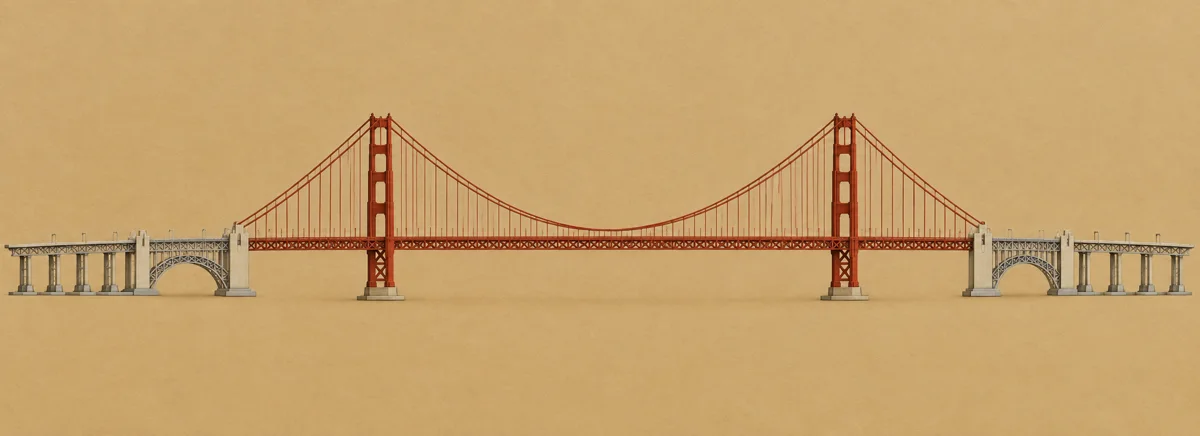 A suspension bridge elevation showing the two main towers and the approaches at either end.