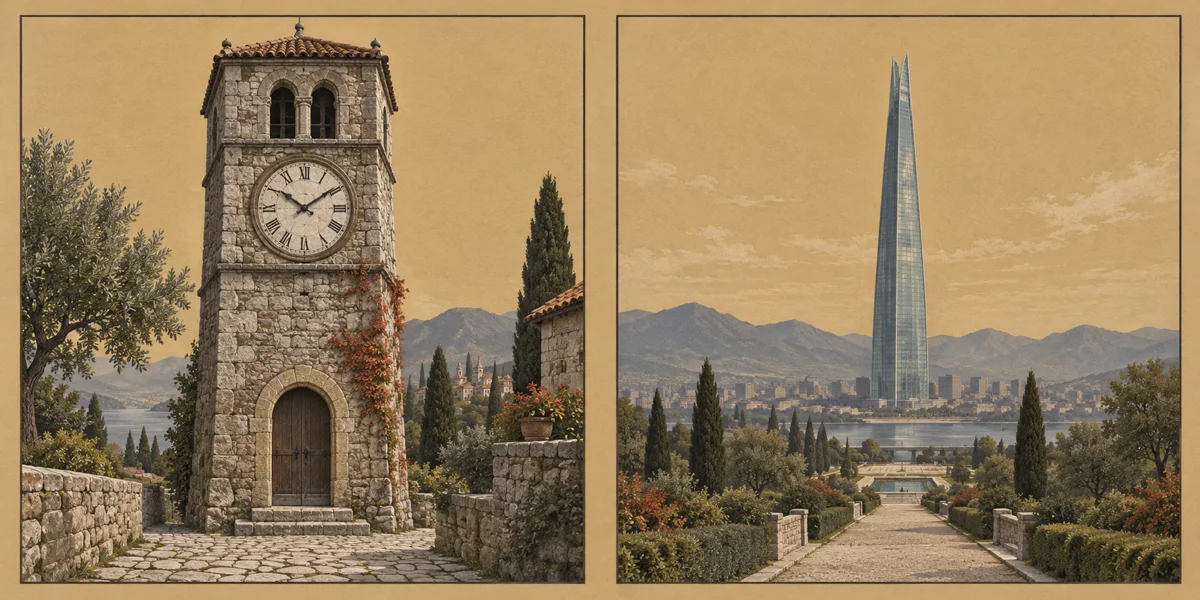 Two architectural viewing frames show a nearby small tower and a distant tall tower appearing similar in height.