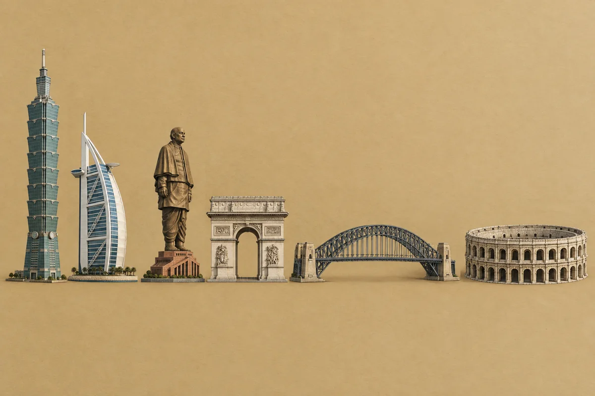 Architectural field-guide models grouped into towers, monuments, bridges and arenas.