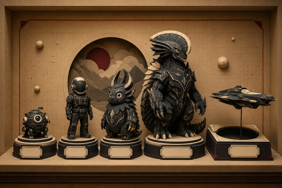 Original paper-sculpture exhibits: a small robot, space traveller, fantasy creatures and a mounted spacecraft model.