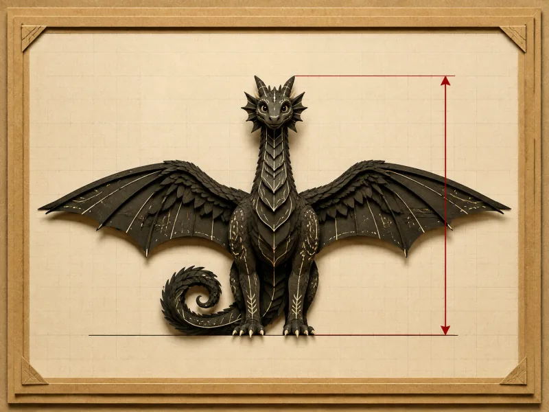 An original winged paper dragon with a red vertical arrow measuring from the ground to its highest point, independently of wing width.