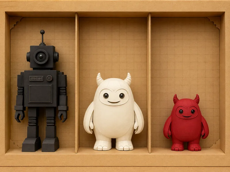 Three paper exhibits explain the game colors: a black robot reference, a white creature guess and a smaller red model of the same creature for the true size.