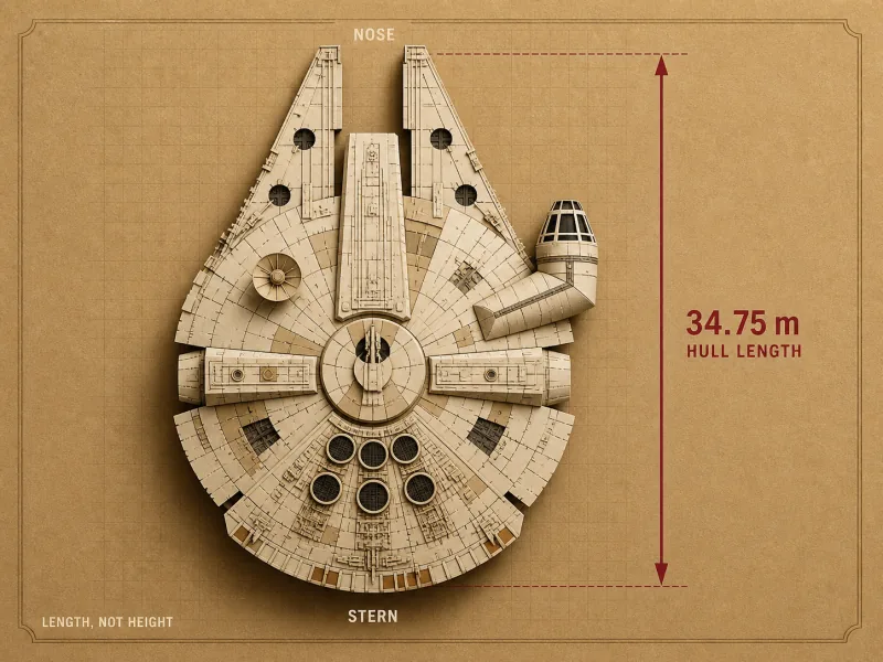 Millennium Falcon drawn upright, with a nose-to-stern ruler marking 34.75 metres of hull length.