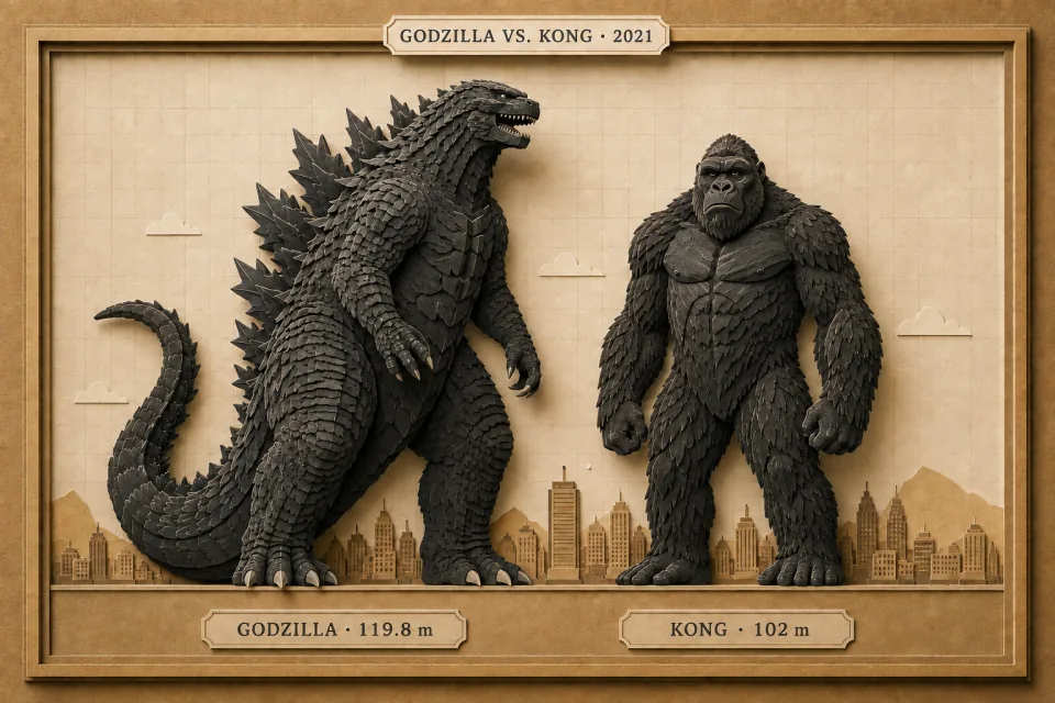 Layered charcoal paper sculptures of the 2021 Godzilla and Kong above a miniature kraft-paper city.