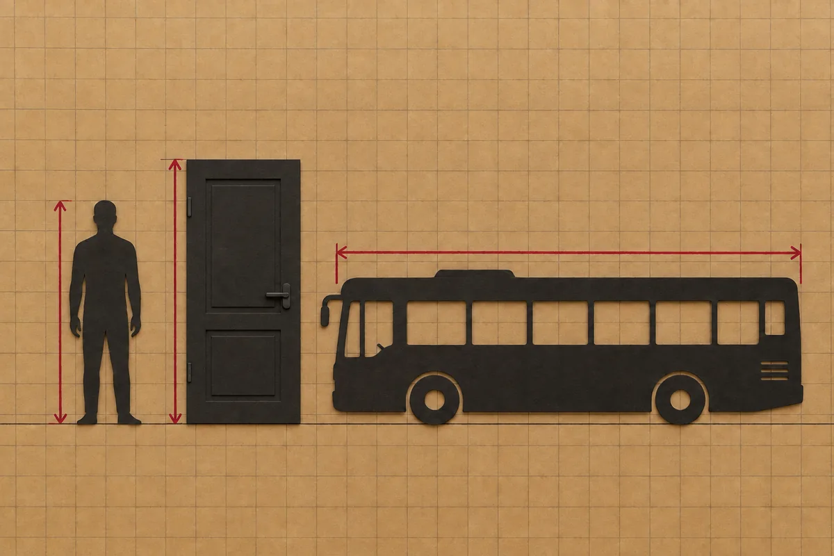 Black adult, handled interior door and city bus cut-outs on a shared baseline with red pencil guide lines.