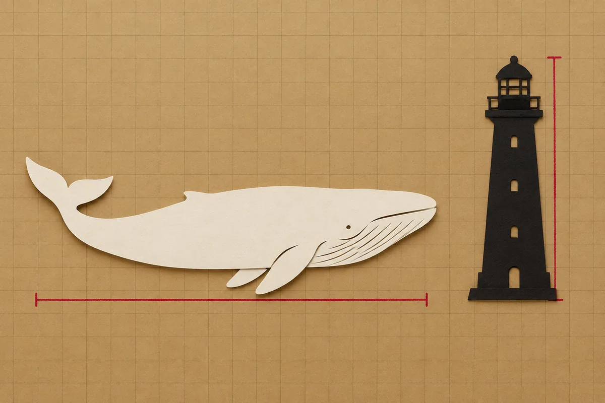 A cream whale with a horizontal red measurement line and a black lighthouse with a vertical red line.