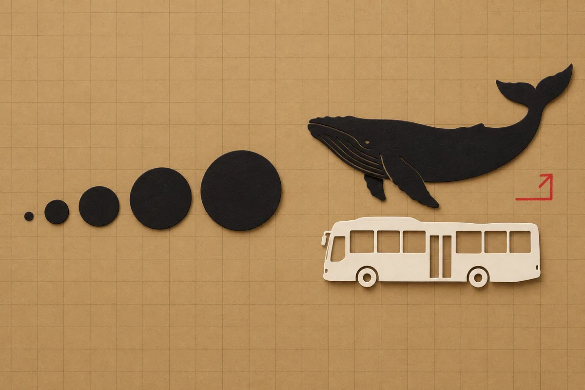 Paper collage: growing planetary circles on the left, a black whale reference and an expanding cream silhouette on the right.