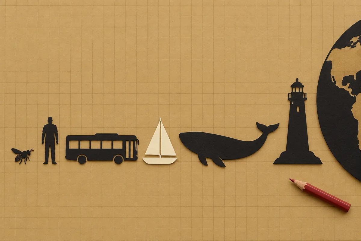 Paper silhouettes of a honeybee, adult, city bus, whale and lighthouse beside a planetary arc.