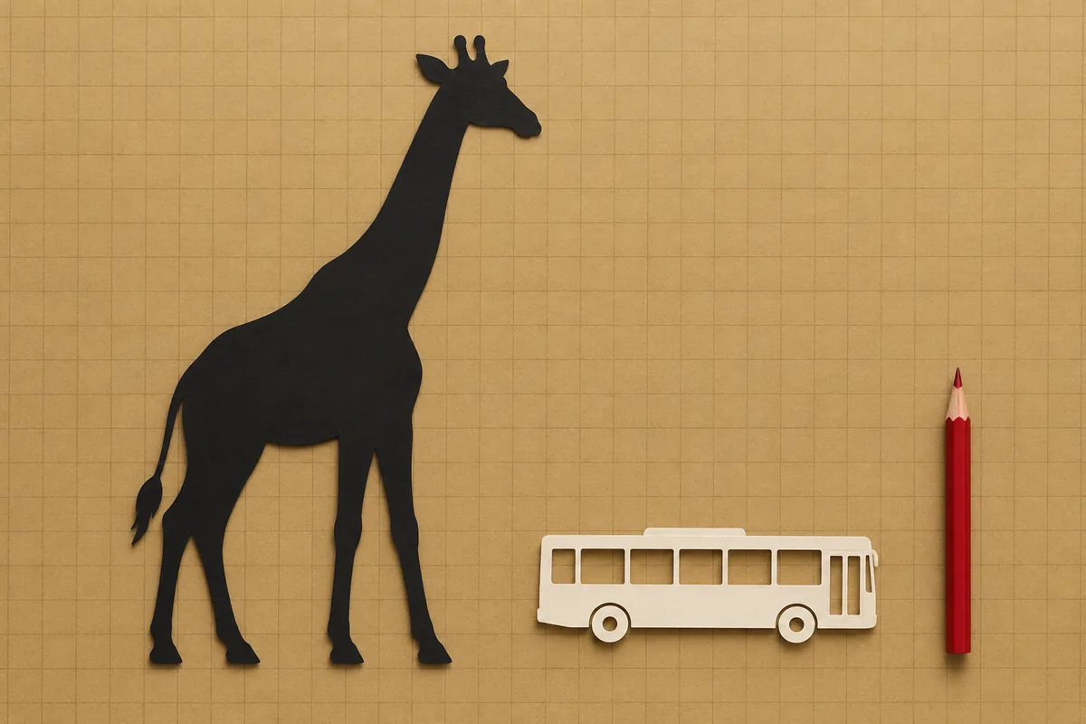 A tall black giraffe beside an intentionally undersized cream city bus and a red pencil.