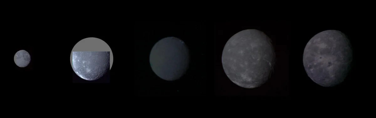 Voyager montage of Miranda, Ariel, Umbriel, Titania and Oberon; incomplete coverage is filled with grey.
