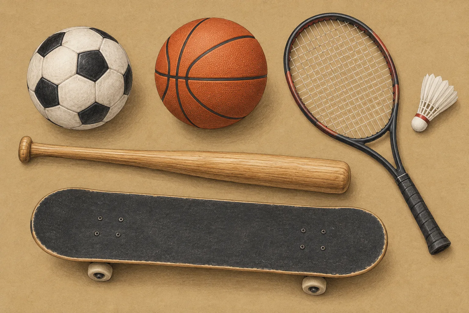 Unbranded soccer ball, basketball, racket, shuttlecock, bat and skateboard on kraft paper.