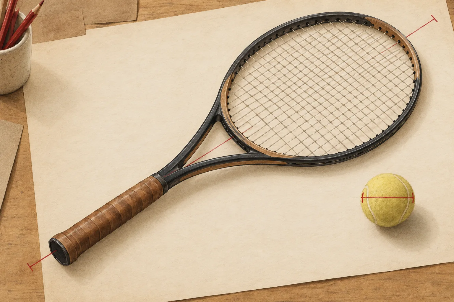 A full tennis racket and tennis ball, with separate red pencil marks suggesting their length and diameter.