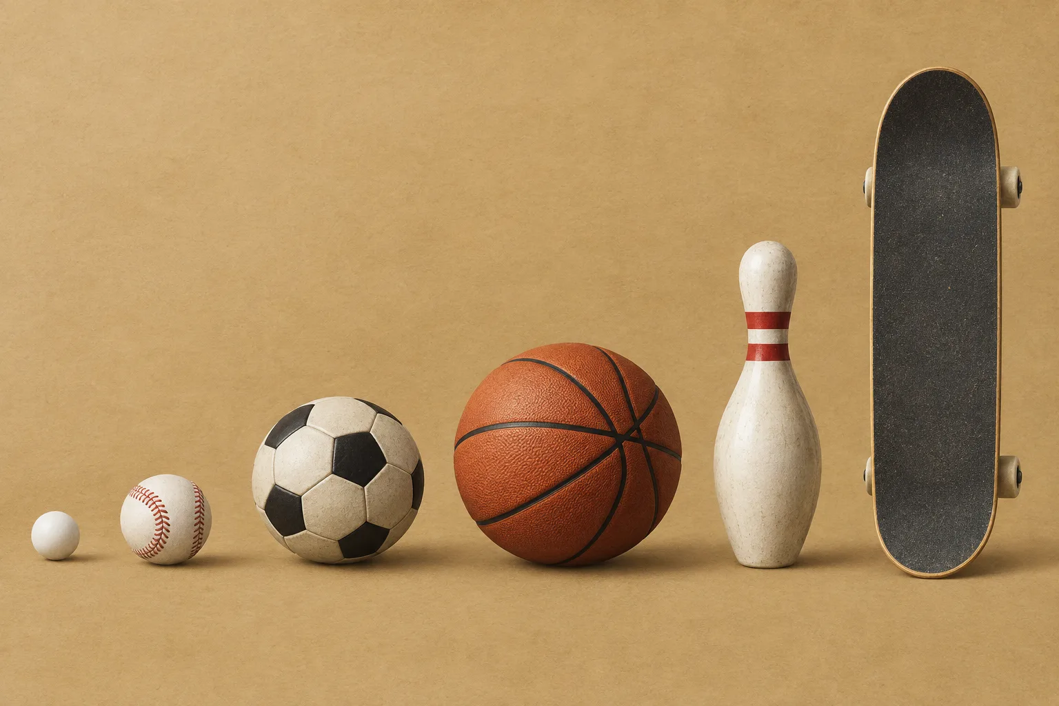 Table tennis ball, baseball, soccer ball, basketball, bowling pin and skateboard arranged on kraft paper.