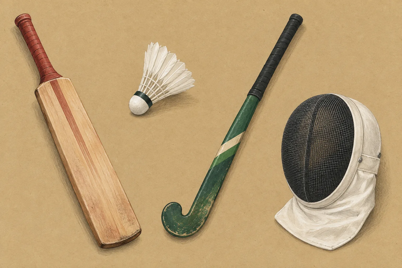 Cricket bat, badminton shuttlecock, field hockey stick and fencing mask on kraft paper.