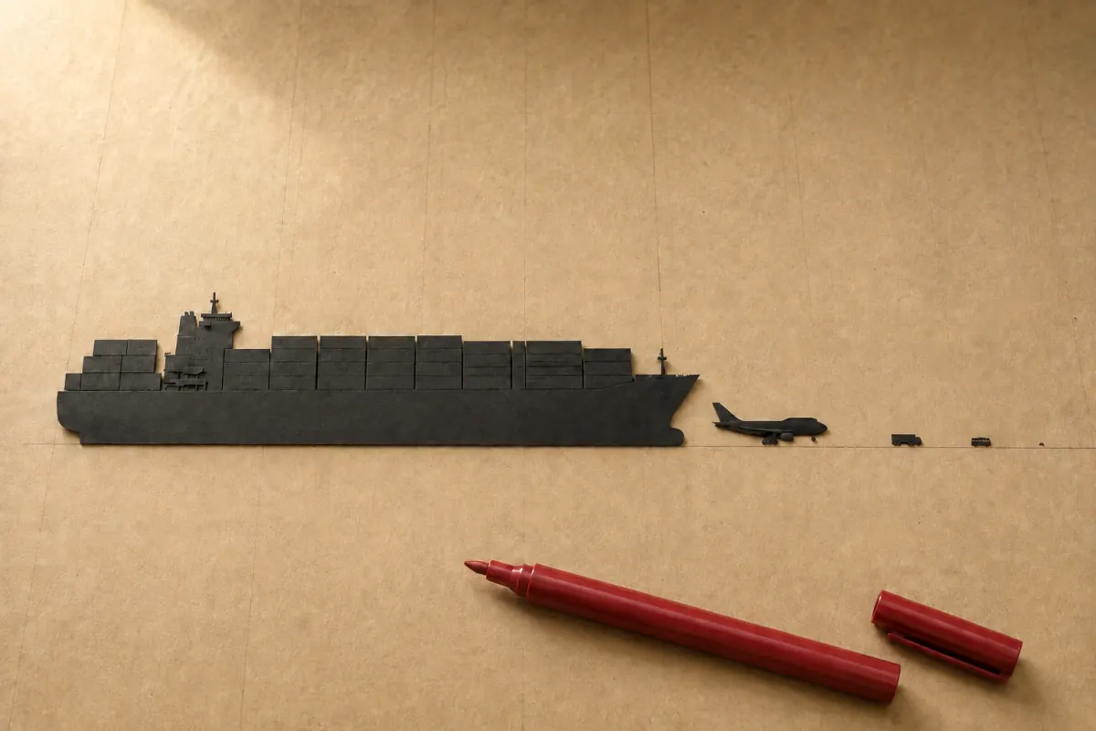 Black paper cut-outs of a container ship dwarfing a Boeing 747, semi-trailer truck, city bus and tiny bicycle on a kraft table beside a red marker