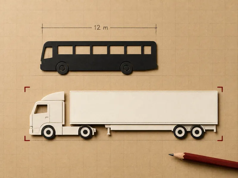 A black bus beneath a 12 m ruler, with a longer cream-white semi-trailer truck guess and red resize handles in the row below