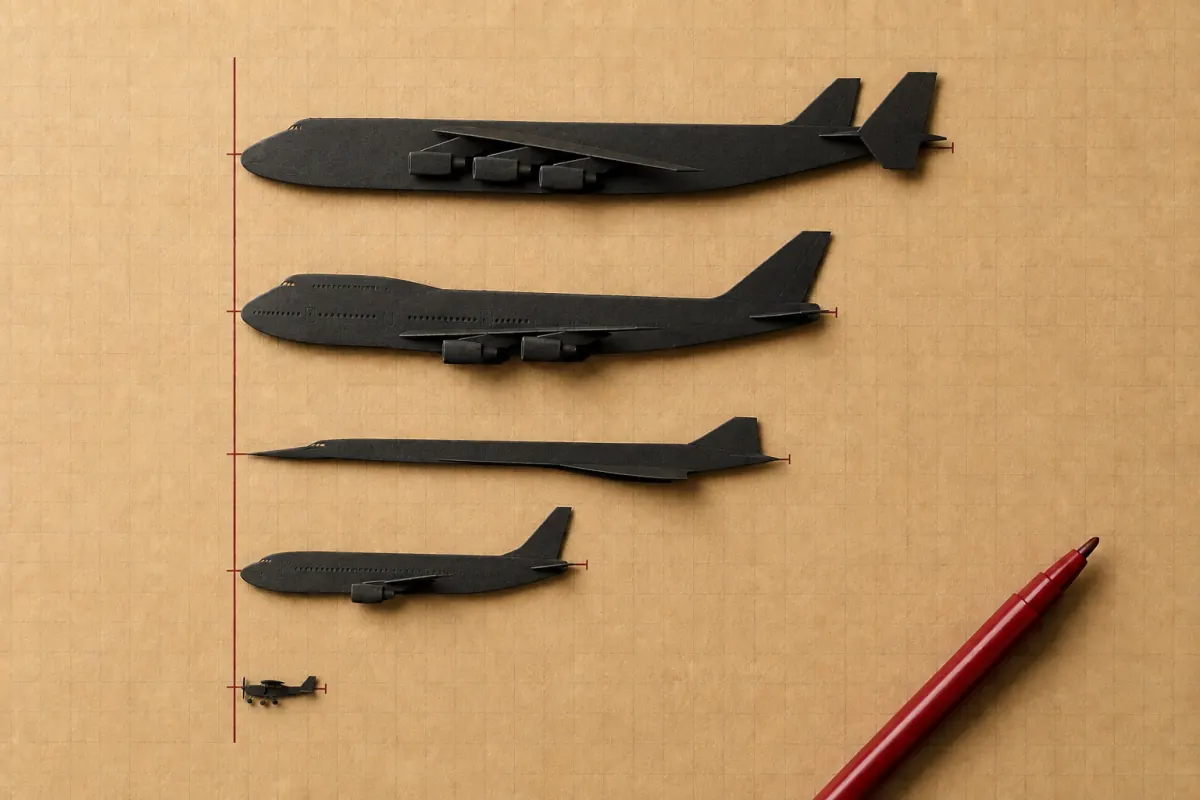 Black paper models of an Antonov An-225, Boeing 747, Concorde, Boeing 737 and small Cessna 172 in five rows with noses aligned to a red guide