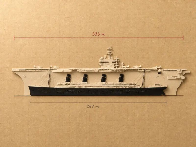A cream-white Nimitz-class aircraft carrier cut-out overlapping a shorter black Titanic cut-out on one waterline