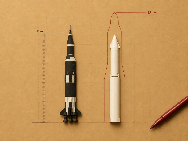 A black Saturn V reference beside a white Starship guess with the taller true Starship size drawn around it in red